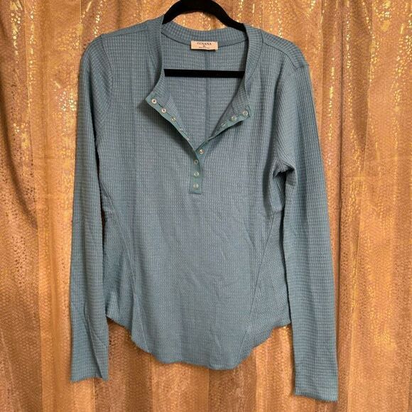 Zenana Outfitters Slate Blue Long Sleeve Waffle Thermal Stretchy Henley XL - Picture 1 of 6